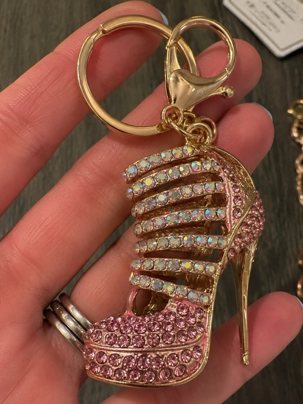 Crystal High Heel Shoe Keychain Bag Charm Gold & Pink Sparkly Bling Rhinestones